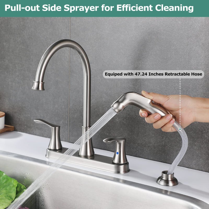 PARLOS 8 Inch Two Handles High Arch Kitchen Sink Faucet with Side Sprayer & Supply Lines, Brushed Nickel, Demeter 14138 - Image 3